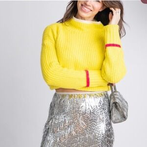 Maeve Anthropologie Yellow Ribbed Mock‎ Neck Sweater Pink Stripe Cuffs XXS